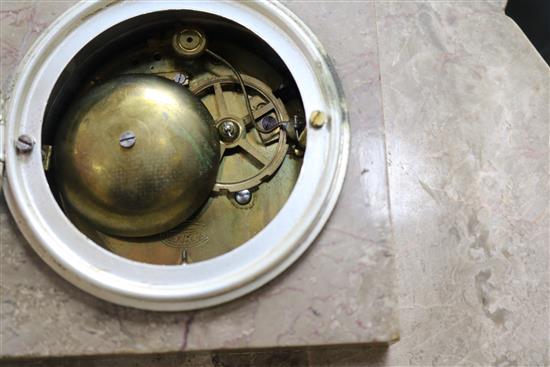 A French Art Deco bronzed spelter and marble mantel clock, the dial signed Divay height 58cm